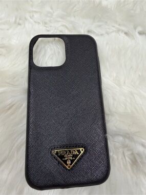 Prada Black Textured Leather Phone Case with Gold Logo Plaque